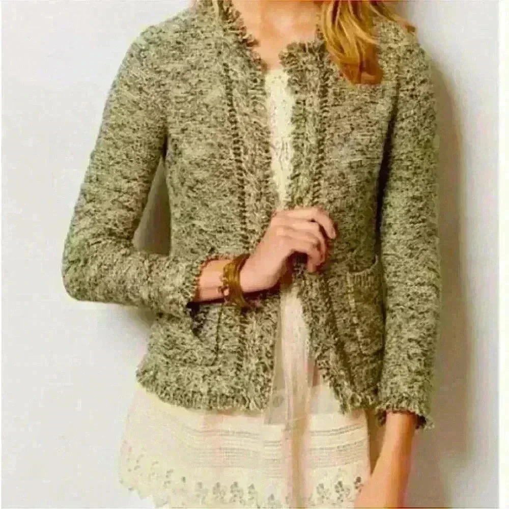 Angel Of The North Green and Cream Blazer Plush Open Front